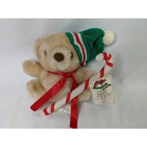 Joelson Tan Bear Plush 5 Inch Christmas Candy Cane 1990 Stuffed Animal Toy